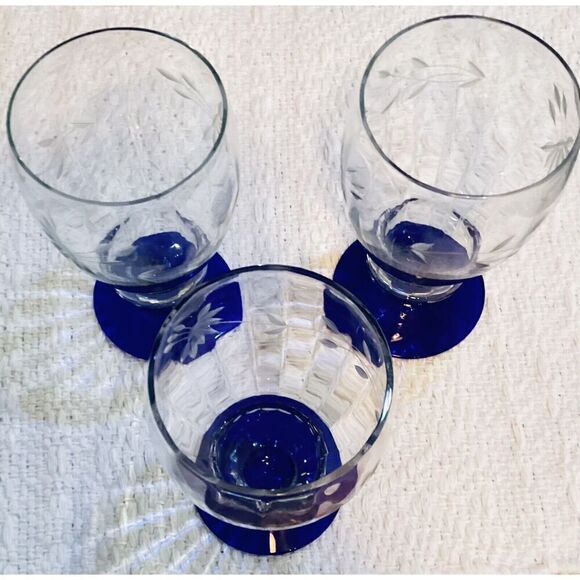 Weston/ Louie Glass - Beverage Glasses -Cobalt Blue Etched Leaves- Set of 3 - Picture 7 of 7